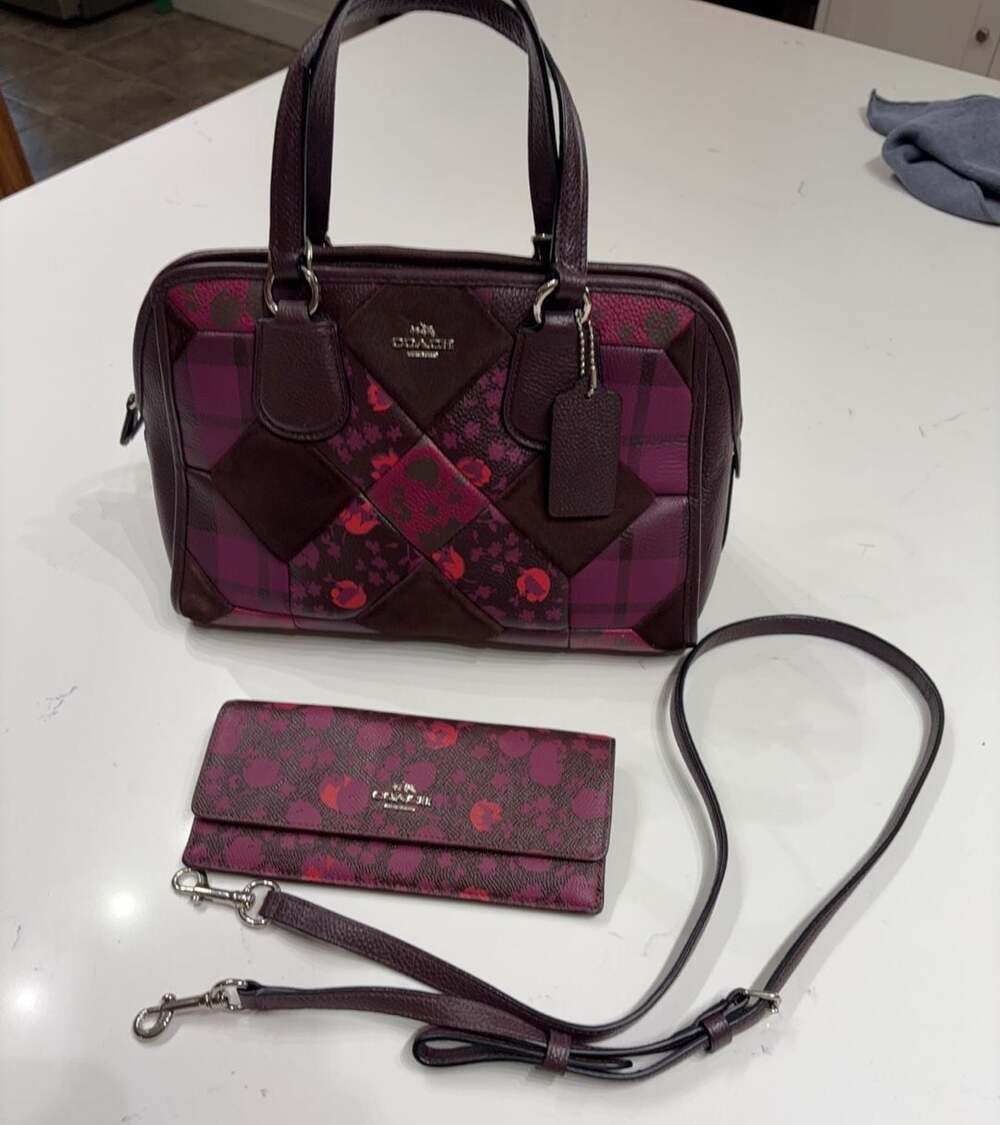 Coach Patchwork Plaid and Floral Satchel Purse Matching Wallet COA